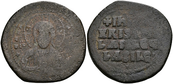 Византийская Империя фоллис 976 - 1025 Василий II и Константин VIII Константинополь fine SB 1813 бронза 270-944