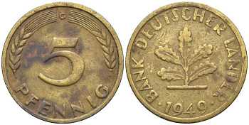 ФРГ 5 пфеннигов 1949 G KM 102 сталь плакированная бронзой 4174-747