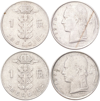 Бельгия набор из 2 монет разных типажей (1 франк) 1972 и 1973 Belgique и Belgie, Бодуэн I (1951-1993) KM 142 и 143 медно-никель 4611-1022-1023