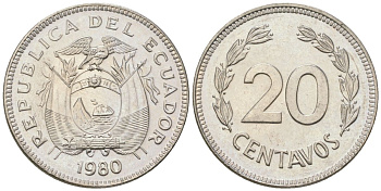 Эквадор 20 сентаво 1980 KM 77.2a сталь плакированная никелем aUNC 4611-718