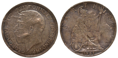 Великобритания 1 фартинг 1921 Георг V (1910-1936) KM 808.2, Spink 4060 бронза 4122-453