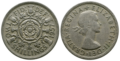 Великобритания 2 шиллинга (флорин) 1957 Елизавета II (1952-2022) KM 906, Spink 4146 медно-никель 4382-136