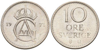 Швеция 10 эре 1971 Густав VI Адольф (1950-1973) KM 835 медно-никель UNC 4585-422