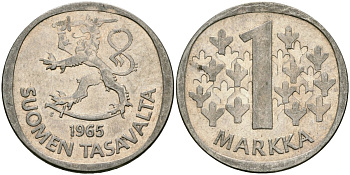 Финляндия 1 марка 1965 S KM 49 серебро 4582-1253