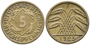 ГЕРМАНИЯ 5 РЕЙХСПФЕННИГОВ 1925 F KM 39, J. 316 алюминиевая бронза 39-541