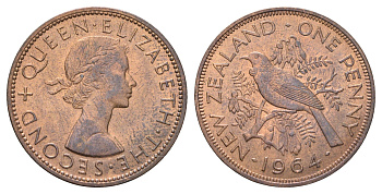 Новая Зеландия 1 пенни 1964 Елизавета II (1952-2022), новозеландский туи KM 24.2 бронза aUNC 4587-835