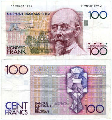 БЕЛЬГИЯ 100 ФРАНКОВ 1978-1981 ПОДПИСЬ (3 И 9), АРХИТЕКТОР ХЕНДРИК БЕЙЕРТ Pick 140а бумага 444-100-1-1