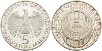 ФРГ 5 марок 1973 G, 125 лет Франкфуртскому парламенту J. 412, KM 137 серебро PROOF 1087-3-22