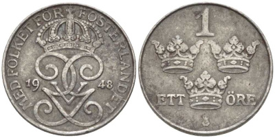 Швеция 1 эре 1948 Густав V (1907-1950) KM 810 железо 116-1131