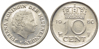 Нидерланды 10 центов 1980 Юлиана (1949-1980) KM 182 никель 112-353