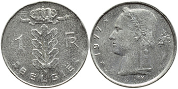 БЕЛЬГИЯ 1 ФРАНК 1977 BELGIE KM 143.1 медно-никель 4379-656