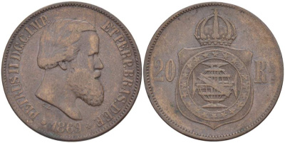 Бразилия 20 рейсов 1869 Педро II (1831-1889) KM 474 бронза 4529-444
