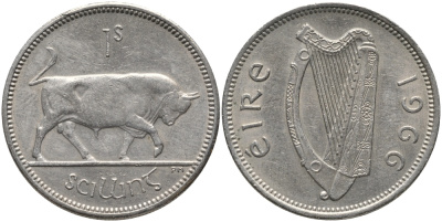 ИРЛАНДИЯ 1 ШИЛЛИНГ 1966 БЫК KM 14а медно-никель 89-644