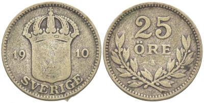 Швеция 25 эре 1910 W, Густав V (1907-1950), LARGE CROSS KM 785 серебро 3309-853