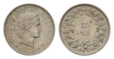 Швейцария 5 раппенов 1975 KM 26 медно-никель 4702-352