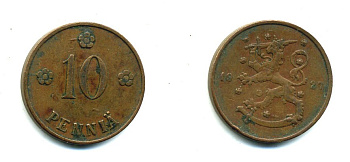 Финляндия 10 пенни 1927 республика (1918-1962) KM 24 медь 46-1556