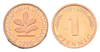Германия 1 пфенниг 1998 A, в запайке KM 105, J.380 сталь плакированная медью PROOF 4116-1033
