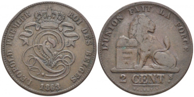 БЕЛЬГИЯ 2 САНТИМА 1863 BELGES KM 4.2 медь 110-541