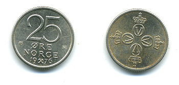 НОРВЕГИЯ 25 ЭРЕ 1976 KM 417 медно-никель 4364-955