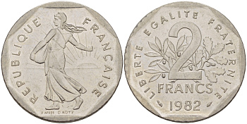 ФРАНЦИЯ 2 ФРАНКА 1982 СЕЯТЕЛЬ KM 942.1, LE FRANC 272.6 никель 34-214