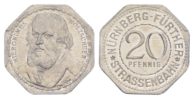 Нюрнберг трамвайный (транспортный) жетон в 20 пфеннигов ND (1920-1921) Портрет Иеронима Хольцшуэра Men05 19256.18, Men18 24102.18 алюминий aUNC 4582-1134