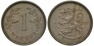 ФИНЛЯНДИЯ 1 МАРКА 1922 KM 27 медно-никель 28-142