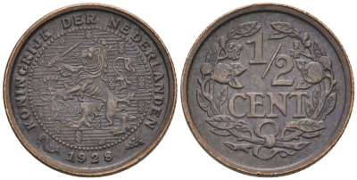 Нидерланды 1/2 цента 1928 Вильгельмина (1890-1948) KM 138 бронза 4576-514