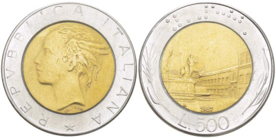 ИТАЛИЯ 500 ЛИР 1987 R KM 111 биметалл 4529-241