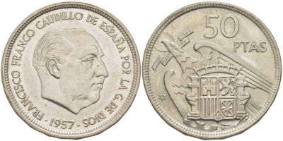 ИСПАНИЯ 50 ПЕСЕТ 1958 ГОД 1957, ФРАНЦИСКО ФРАНКО KM 788 медно-никель 3334-125