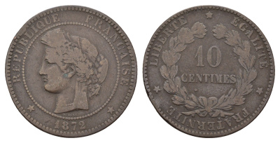 Франция 10 сантимов 1872 KM 815 бронза 34-324