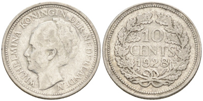Нидерланды 10 центов 1928 Вильгельмина I (1890-1948) КМ 163 серебро  4160-1223
