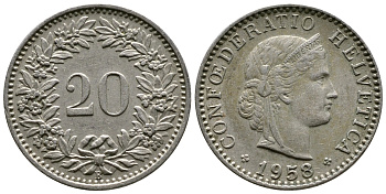 ШВЕЙЦАРИЯ 20 РАППЕНОВ 1958 KM 29 медно-никель 3334-424