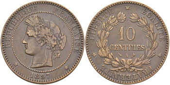 ФРАНЦИЯ 10 САНТИМОВ 1897 А, ТРЕТЬЯ РЕСПУБЛИКА (1871-1940) KM 815.1, LE FRANC 135.44 бронза 114-1045