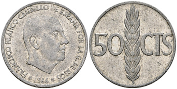 Испания 50 сентимо 1966 (68) Франсиско Франко (1939-1975) KM 795 алюминий 4388-417