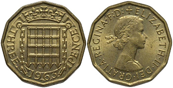 Великобритания 3 пенса 1963 Елизавета II (1952-2022) KM 900, Spink 4153 никель латунь UNC 181-615