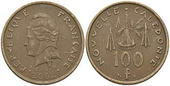 Французская Новая Каледония 100 франков 2002 хижина среди сосен и пальм, (IEOM) KM 15, Schoen 16, Lec 139f никель бронза 109-814