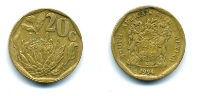 ЮАР 20 центов 1994 герб, цветок протея KM 136 сталь плакированная латунью 4364-1146