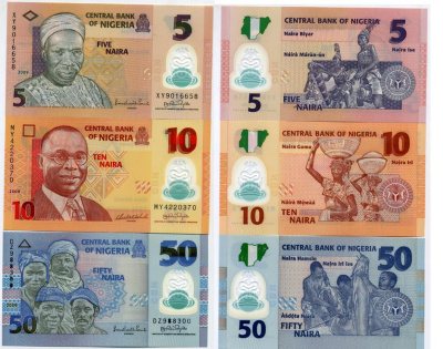 Нигерия 5, 10, 50 найра 2009 Pick 38 b (2), 39 a (1), 40 a (2) пластик UNC (пресс) 448-110-7-1