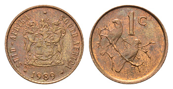 ЮАР 1 цент 1989 герб, капские воробьи KM 82 бронза aUNC 4690-1253