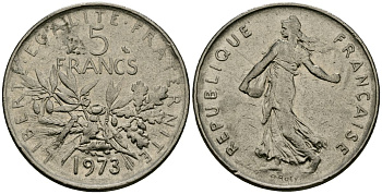 Франция 5 франков 1973 KM 926a медно-никель плакированный никелем 4120-441