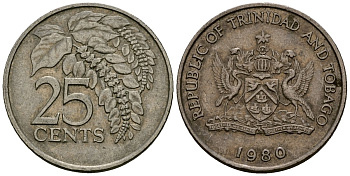 Тринидад и Тобаго 25 центов 1980 цветок дикая пуансеттия KM 32 медно-никель 4176-156