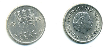 НИДЕРЛАНДЫ 25 ЦЕНТОВ 1956 ЮЛИАНА KM 183 никель 76-364
