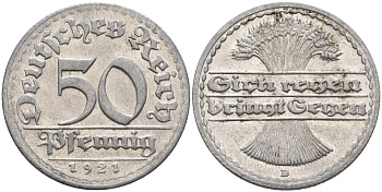 Германия 50 пфеннигов 1921 D KM 27, J.301, Weege 10 алюминий UNC 4584-741