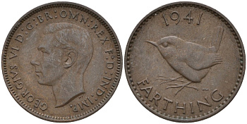 Великобритания 1 фартинг 1941 Георг VI (1936-1952) KM 843, Spink 4116 бронза 4596-1023