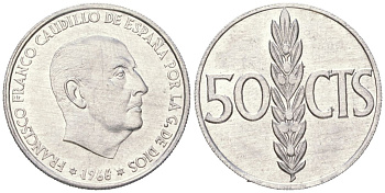 Испания 50 сентимо 1966 (74) Франсиско Франко (1939-1975) KM 795 алюминий UNC 261-657