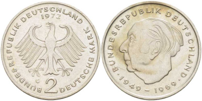 ФРГ 2 марки 1972 G, Теодор Хойс KM 127, J. 407 медно-никель плакированный никелем 119-1221