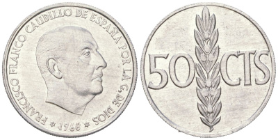 Испания 50 сентимо 1966 (74) Франсиско Франко (1939-1975) KM 795 алюминий UNC 261-657