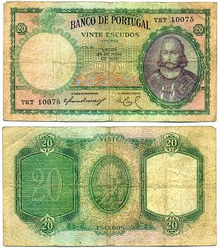 Португалия 20 эскудо 1954 25 мая 1954, подписи Carlos de Barros Soares Branco & Manuel Antуnio do Casal-Ribeiro de Carvalho Pick 153а. 1954(9) бумага 7219-22-1-2