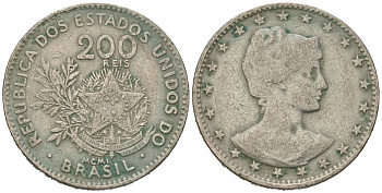 Бразилия 200 рейс 1901 голова свободы вправо KM 504 медно-никель 92-951