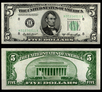 США 5 долларов 1950 Президент Авраам Линкольн. Мемориал Линкольна, Вашингтон, округ Колумбия Pick 438 a, Fr. 1962-H бумага UNC (пресс) 451-1277-2